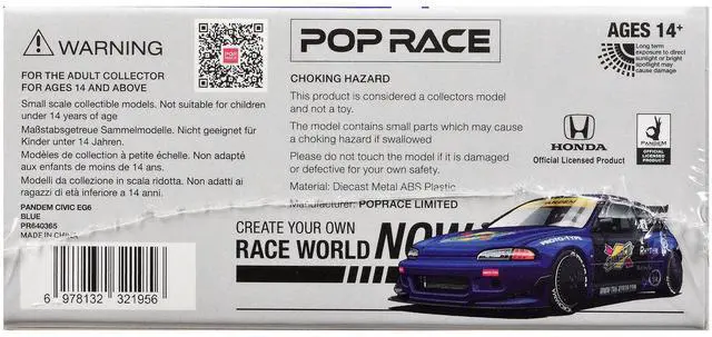 Alt view image 6 of 6 - Pandem Civic EG6 RHD (Right Hand Drive) "Sunoco" Blue Metallic with Yellow Accents 1/64 Diecast Model Car by Pop Race