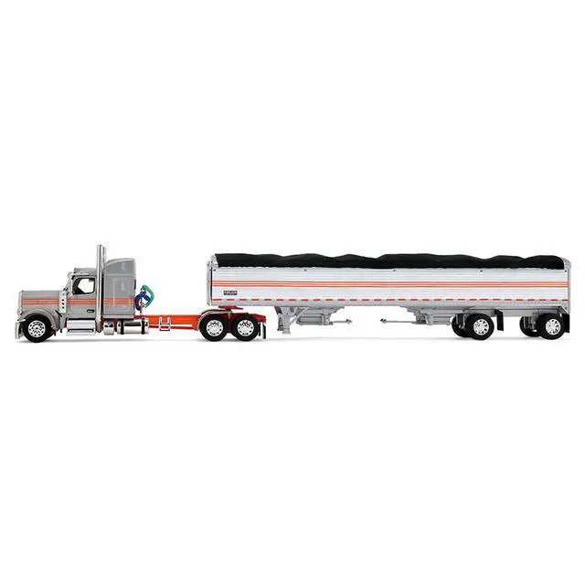Alt view image 3 of 6 - Peterbilt 589 with 58" Mid-Roof Sleeper and 50' Wilson Trailer Silver Metallic with Orange 1/64 Diecast Model by DCP/First Gear