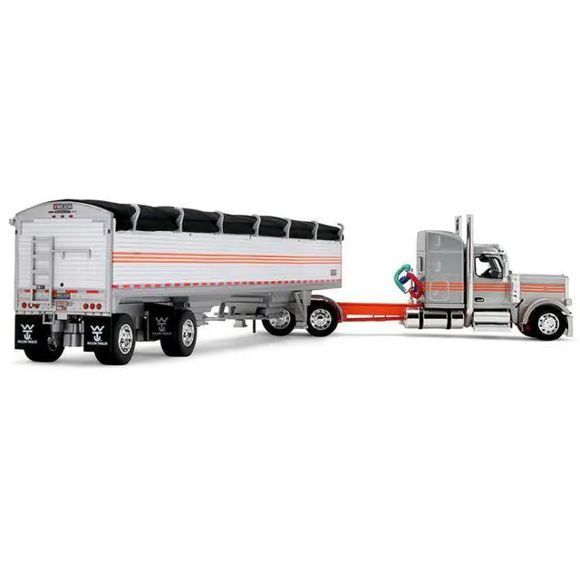 Alt view image 4 of 6 - Peterbilt 589 with 58" Mid-Roof Sleeper and 50' Wilson Trailer Silver Metallic with Orange 1/64 Diecast Model by DCP/First Gear