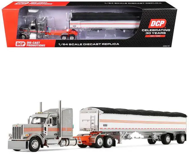 Main image of Peterbilt 589 with 58" Mid-Roof Sleeper and 50' Wilson Trailer Silver Metallic with Orange 1/64 Diecast Model by DCP/First Gear