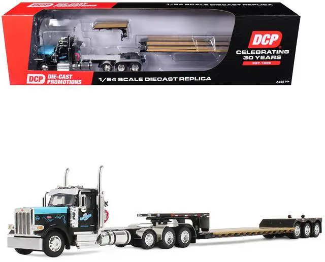 Main image of Peterbilt 589 Day Cab and Fontaine Renegade LXT40 Trailer w/Fliptail Black w/Light Blue Hood 1/64 Diecast Model DCP/First Gear