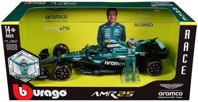 Main image of Aston Martin AMR25 #14 "Aramco" F1 "World Championship" (2025) with Driver Figure 1/24 Diecast Model Car by Bburago