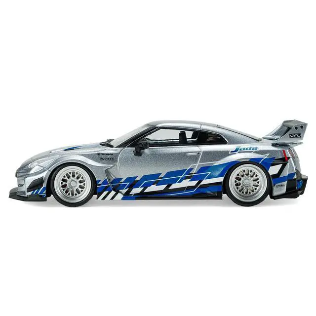 Alt view image 2 of 6 - 2020 Nissan GT-R (R35) Liberty Walk Silhouette Silver Metallic with Black Top and Blue Graphics 1/43 Diecast Model Car by Solido