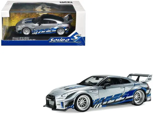 Main image of 2020 Nissan GT-R (R35) Liberty Walk Silhouette Silver Metallic with Black Top and Blue Graphics 1/43 Diecast Model Car by Solido