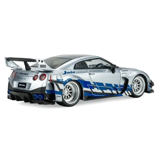 Alt view image 3 of 6 - 2020 Nissan GT-R (R35) Liberty Walk Silhouette Silver Metallic with Black Top and Blue Graphics 1/43 Diecast Model Car by Solido