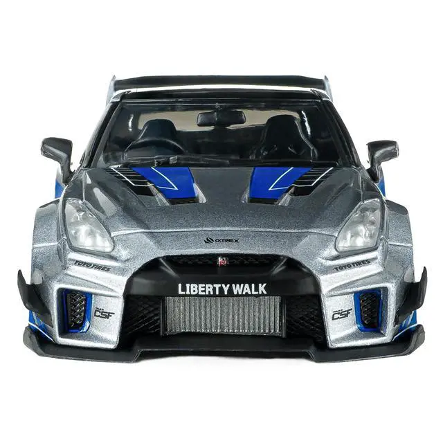 Alt view image 4 of 6 - 2020 Nissan GT-R (R35) Liberty Walk Silhouette Silver Metallic with Black Top and Blue Graphics 1/43 Diecast Model Car by Solido