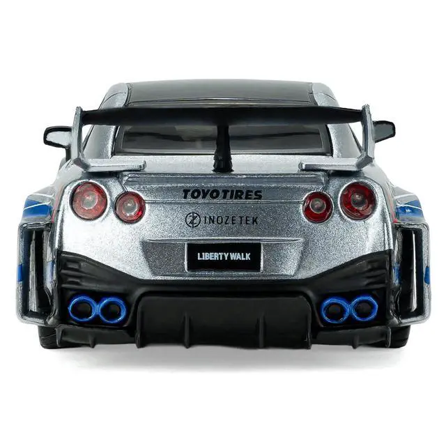 Alt view image 5 of 6 - 2020 Nissan GT-R (R35) Liberty Walk Silhouette Silver Metallic with Black Top and Blue Graphics 1/43 Diecast Model Car by Solido