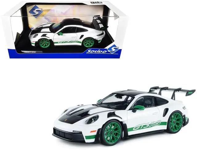 Main image of 2024 Porsche 911 GT3 RS "Tribute to Carrera RS Package" White with Carbon Hood and Top & Green 1/18 Diecast Model Car by Solido