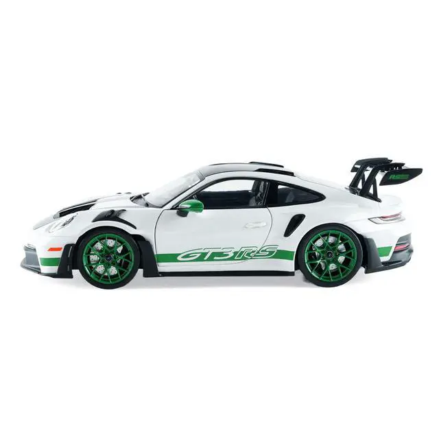 Alt view image 3 of 7 - 2024 Porsche 911 GT3 RS "Tribute to Carrera RS Package" White with Carbon Hood and Top & Green 1/18 Diecast Model Car by Solido