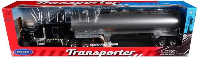 Main image of Kenworth W900 Truck Black with Silver Tanker Trailer "Transporter" Series 1/32 Diecast Model by Welly