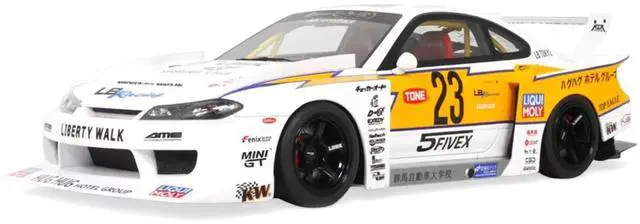 Main image of 2021 Nissan Silvia (S15) LB-Super Silhouette RHD (Right Hand Drive) #23 White with Yellow Stripes 1/18 Model Car by GT Spirit