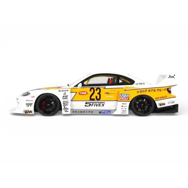 Alt view image 4 of 7 - 2021 Nissan Silvia (S15) LB-Super Silhouette RHD (Right Hand Drive) #23 White with Yellow Stripes 1/18 Model Car by GT Spirit