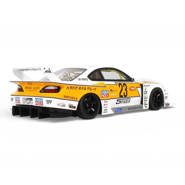 Alt view image 5 of 7 - 2021 Nissan Silvia (S15) LB-Super Silhouette RHD (Right Hand Drive) #23 White with Yellow Stripes 1/18 Model Car by GT Spirit