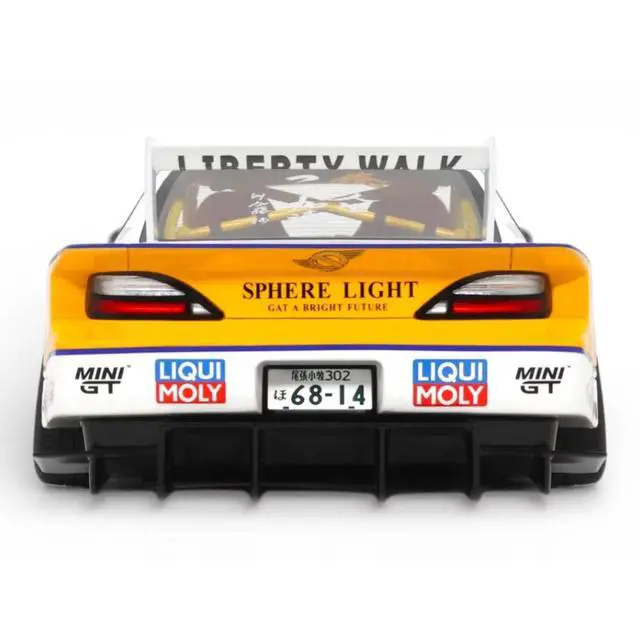 Alt view image 7 of 7 - 2021 Nissan Silvia (S15) LB-Super Silhouette RHD (Right Hand Drive) #23 White with Yellow Stripes 1/18 Model Car by GT Spirit