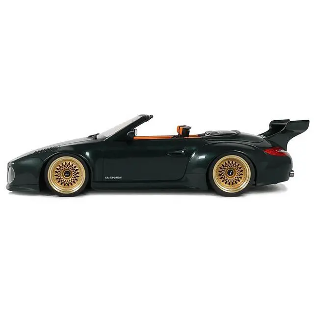Alt view image 4 of 7 - 2024 Porsche 911 (997) Old & New Tokyo Auto Salon Cabriolet Dark Green Metallic with Orange Interior 1/18 Model Car by GT Spirit