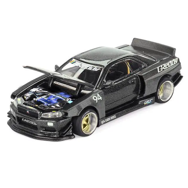 Alt view image 2 of 6 - Nissan Skyline GT-R (R34) RHD #94 "Kaido Works GReddy V2" Carbon Fiber and Dark Gray Metallic 1/64 Diecast Model Car by Mini GT