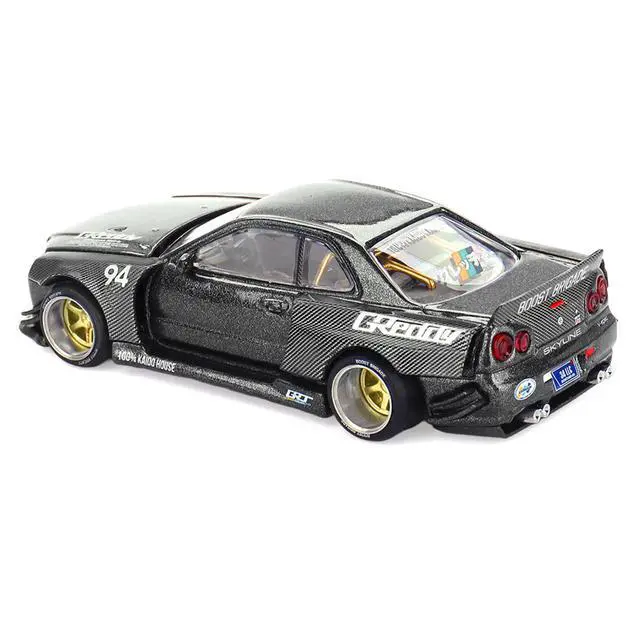 Alt view image 5 of 6 - Nissan Skyline GT-R (R34) RHD #94 "Kaido Works GReddy V2" Carbon Fiber and Dark Gray Metallic 1/64 Diecast Model Car by Mini GT