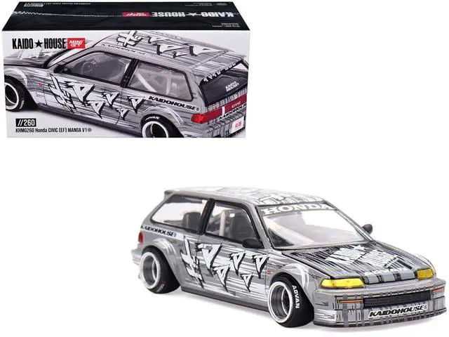 Main image of Honda Civic (EF) "Manga V1" Gray Metallic with Graphics "Kaido House" Special 1/64 Diecast Model Car by Mini GT