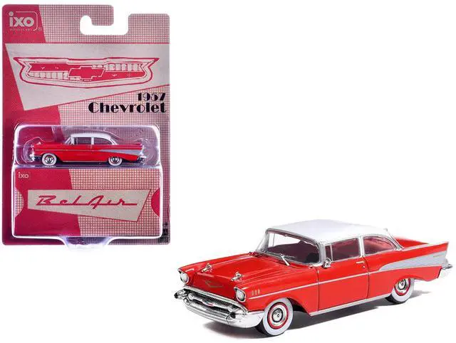 Main image of 1957 Chevrolet Bel Air Red with White Top and Red Interior 1/64 Diecast Model by IXO Models