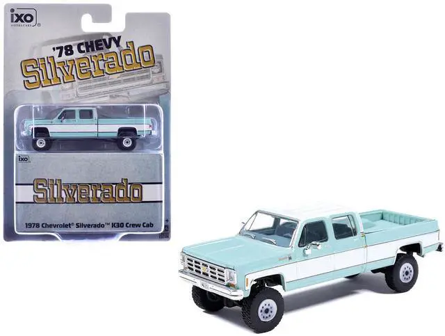 Main image of 1978 Chevrolet Silverado K30 Crew Cab Pickup Truck Light Blue and White with Blue Interior 1/64 Diecast Model by IXO Models