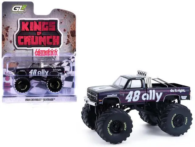 Main image of 1984 Chevrolet Silverado Monster Truck #48 "Ally" Black and Purple with Graphics 1/64 Diecast Model Car by Greenlight