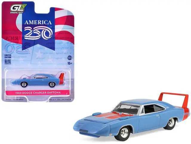 Main image of 1969 Dodge Charger Daytona Blue with Red Stripes "America 250 Edition" 1/64 Diecast Model Car by Greenlight