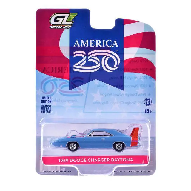 Alt view image 6 of 6 - 1969 Dodge Charger Daytona Blue with Red Stripes "America 250 Edition" 1/64 Diecast Model Car by Greenlight