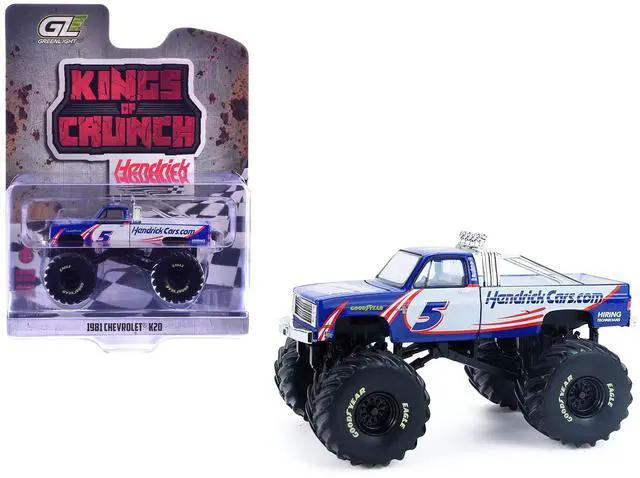 Main image of 1981 Chevrolet K20 Monster Truck #5 "HendrickCars.com" Blue and White with Graphics 1/64 Diecast Model Car by Greenlight