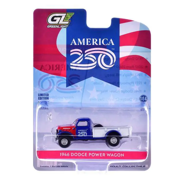 Alt view image 6 of 6 - 1946 Dodge Power Wagon Pickup Truck Red, White, and Blue "America 250 Edition" 1/64 Diecast Model Car by Greenlight