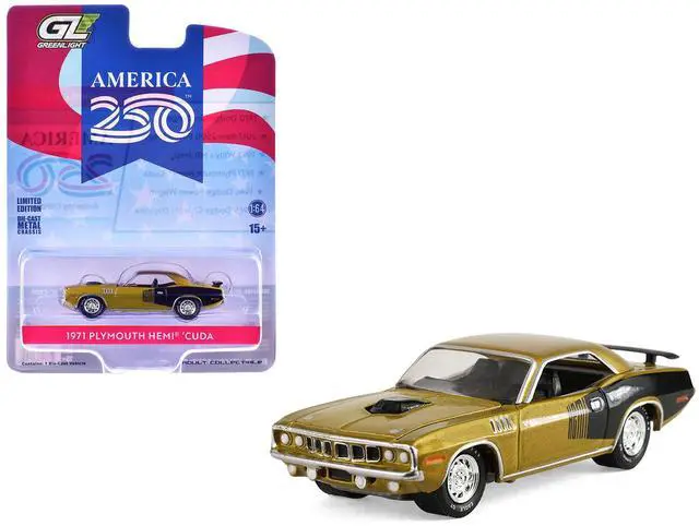 Main image of 1971 Plymouth Hemi Cuda Gold Metallic with Black Accents "America 250 Edition" 1/64 Diecast Model Car by Greenlight