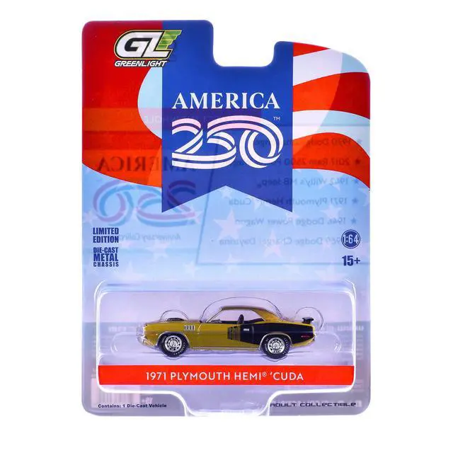 Alt view image 6 of 6 - 1971 Plymouth Hemi Cuda Gold Metallic with Black Accents "America 250 Edition" 1/64 Diecast Model Car by Greenlight