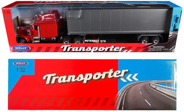 Alt view image 3 of 3 - Peterbilt 379 Truck Red with Silver Container "Transporter" Series 1/32 Diecast Model by Welly