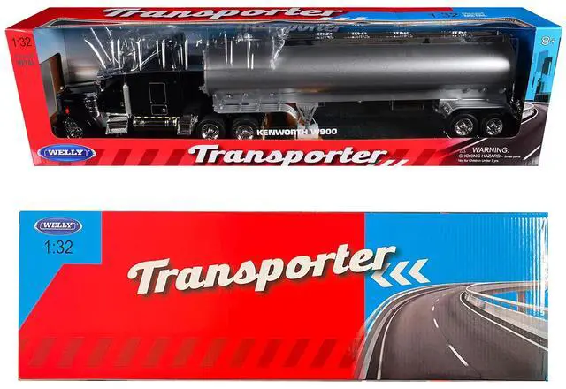 Alt view image 3 of 3 - Kenworth W900 Truck Black with Silver Tanker Trailer "Transporter" Series 1/32 Diecast Model by Welly