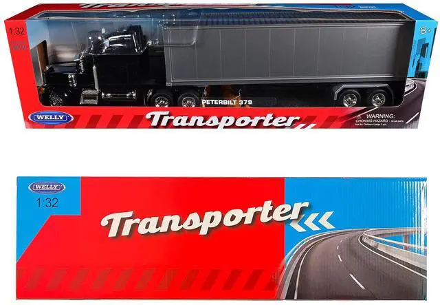 Alt view image 3 of 3 - Peterbilt 379 Truck Black with Silver Container "Transporter" Series 1/32 Diecast Model by Welly