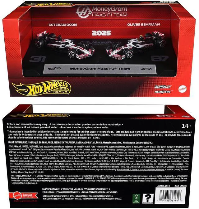 Alt view image 3 of 3 - "MoneyGram Haas F1 Team" Formula One F1 World Championship (2025) 2 Piece Set Diecast Model Cars by Hot Wheels