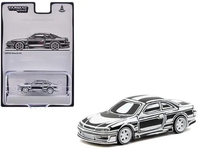 Main image of VERTEX Silvia (S14) "Designed by Joshua Vides" Black and White "Global64" Series 1/64 Diecast Model Car by Tarmac Works