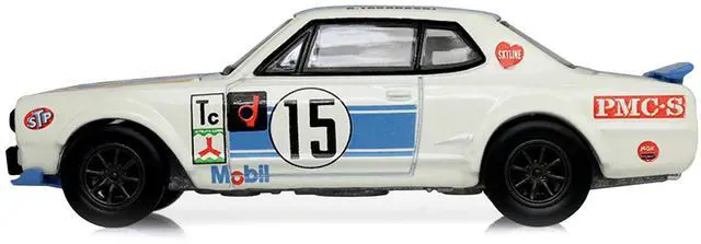 Alt view image 2 of 6 - 1972 Nissan Skyline 2000 GT-R (KPGC10) RHD #15 Kunimitsu Takahashi White with Blue Stripe 1/64 Diecast Model Car by Greenlight
