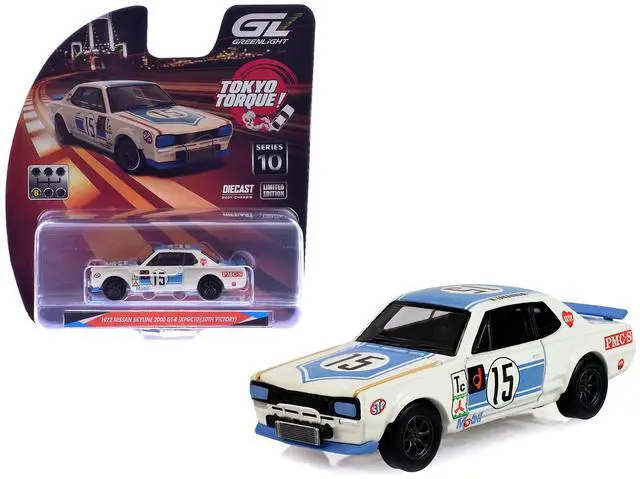Main image of 1972 Nissan Skyline 2000 GT-R (KPGC10) RHD #15 Kunimitsu Takahashi White with Blue Stripe 1/64 Diecast Model Car by Greenlight