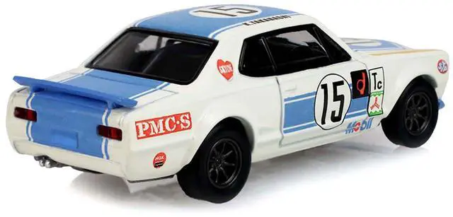 Alt view image 3 of 6 - 1972 Nissan Skyline 2000 GT-R (KPGC10) RHD #15 Kunimitsu Takahashi White with Blue Stripe 1/64 Diecast Model Car by Greenlight
