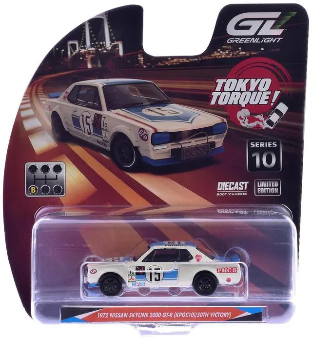 Alt view image 6 of 6 - 1972 Nissan Skyline 2000 GT-R (KPGC10) RHD #15 Kunimitsu Takahashi White with Blue Stripe 1/64 Diecast Model Car by Greenlight
