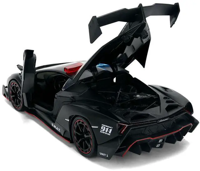 Alt view image 4 of 7 - Lamborghini Veneno "Police" Matt Black "Hyper-Spec" Series 1/24 Diecast Model Car by Jada