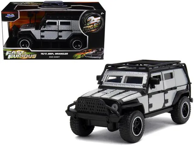 Main image of Tej's Jeep Wrangler Custom Silver Metallic with Black Top and Roof Rack "Furious 7" (2015) Movie 1/32 Diecast Model Car by Jada