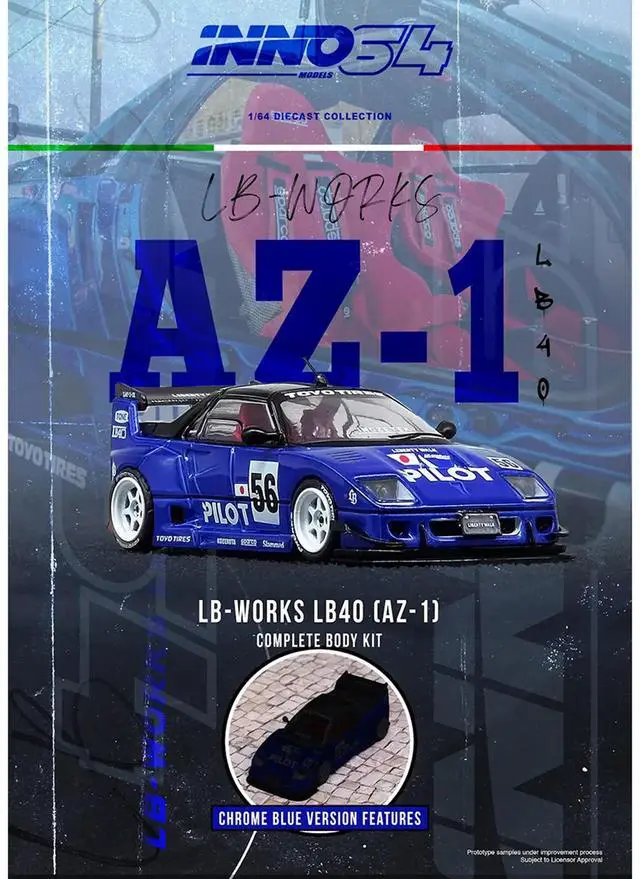 Alt view image 4 of 6 - Mazda AZ-1 Liberty Walk LB40 RHD (Right Hand Drive) #56 "Pilot" Blue with Black Top 1/64 Diecast Model Car by Inno Models