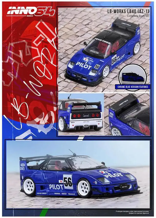 Alt view image 5 of 6 - Mazda AZ-1 Liberty Walk LB40 RHD (Right Hand Drive) #56 "Pilot" Blue with Black Top 1/64 Diecast Model Car by Inno Models