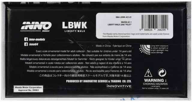 Alt view image 6 of 6 - Mazda AZ-1 Liberty Walk LB40 RHD (Right Hand Drive) #56 "Pilot" Blue with Black Top 1/64 Diecast Model Car by Inno Models