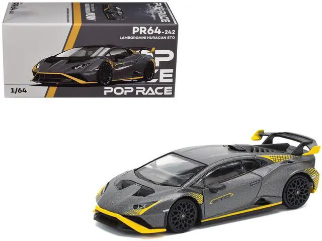 Main image of Lamborghini Huracan STO Matt Gray Metallic with Yellow Accents 1/64 Diecast Model Car by Pop Race