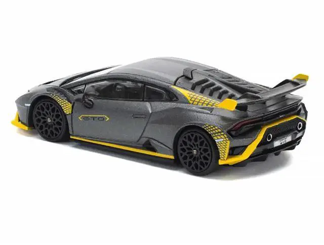 Alt view image 5 of 6 - Lamborghini Huracan STO Matt Gray Metallic with Yellow Accents 1/64 Diecast Model Car by Pop Race