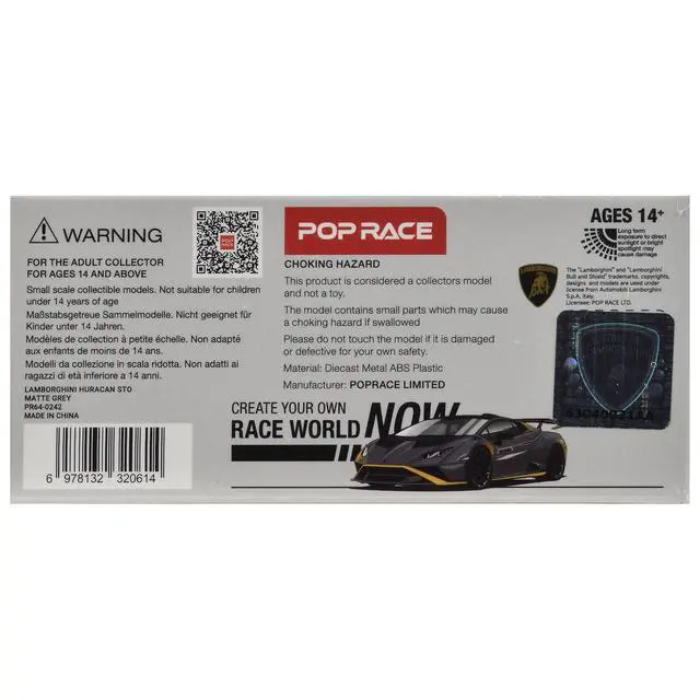 Alt view image 6 of 6 - Lamborghini Huracan STO Matt Gray Metallic with Yellow Accents 1/64 Diecast Model Car by Pop Race