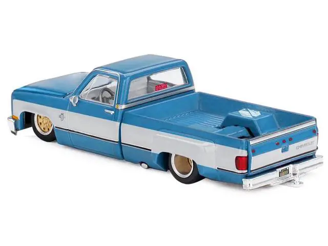Alt view image 5 of 6 - Chevrolet Silverado Dually Truck "Vintage Spec V1" Light Blue Met w/White Sides and Interior 1/64 Diecast Model Car by Mini GT