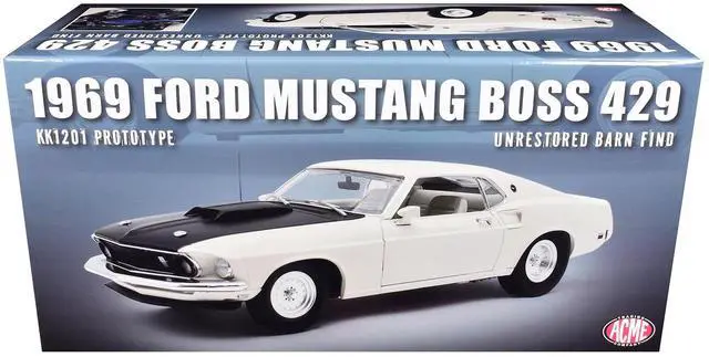 Alt view image 6 of 7 - 1969 Ford Mustang BOSS 429 "KK1201 Prototype - Unrestored Barn Find" White with Black Hood 1/18 Diecast Model Car by ACME